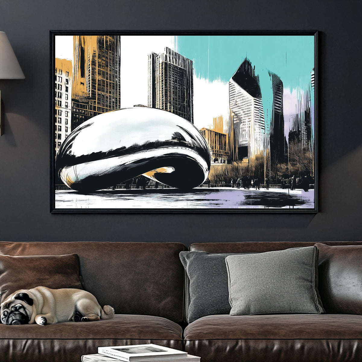 Stylized illustration of Chicago’s Cloud Gate sculpture with skyscrapers and pastel brushstrokes