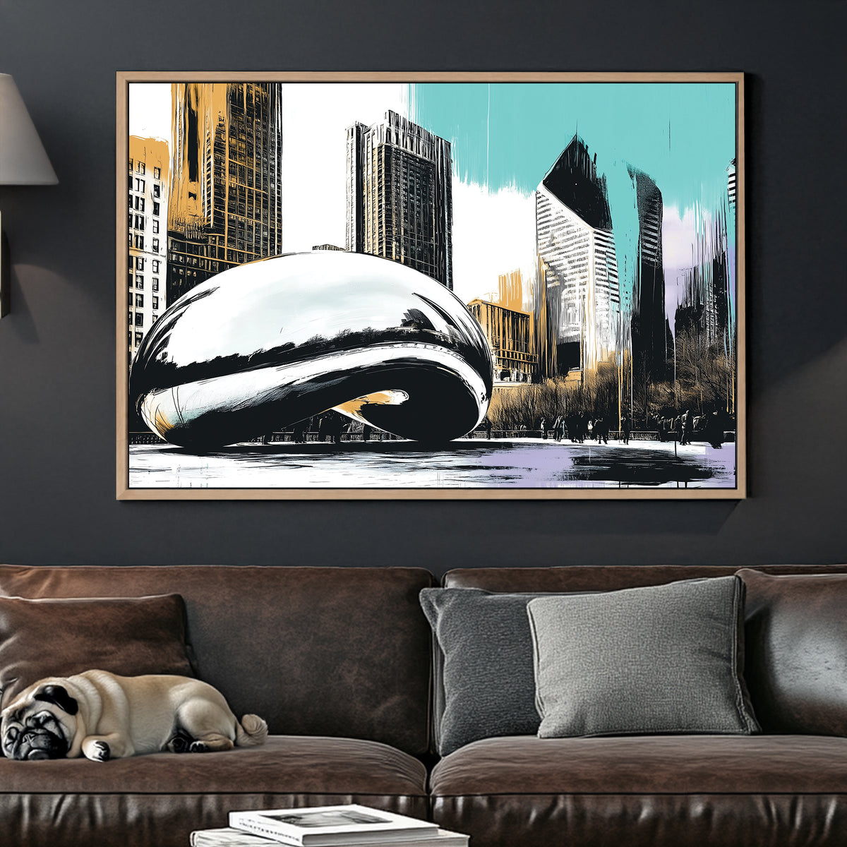 Stylized illustration of Chicago’s Cloud Gate sculpture with skyscrapers and pastel brushstrokes