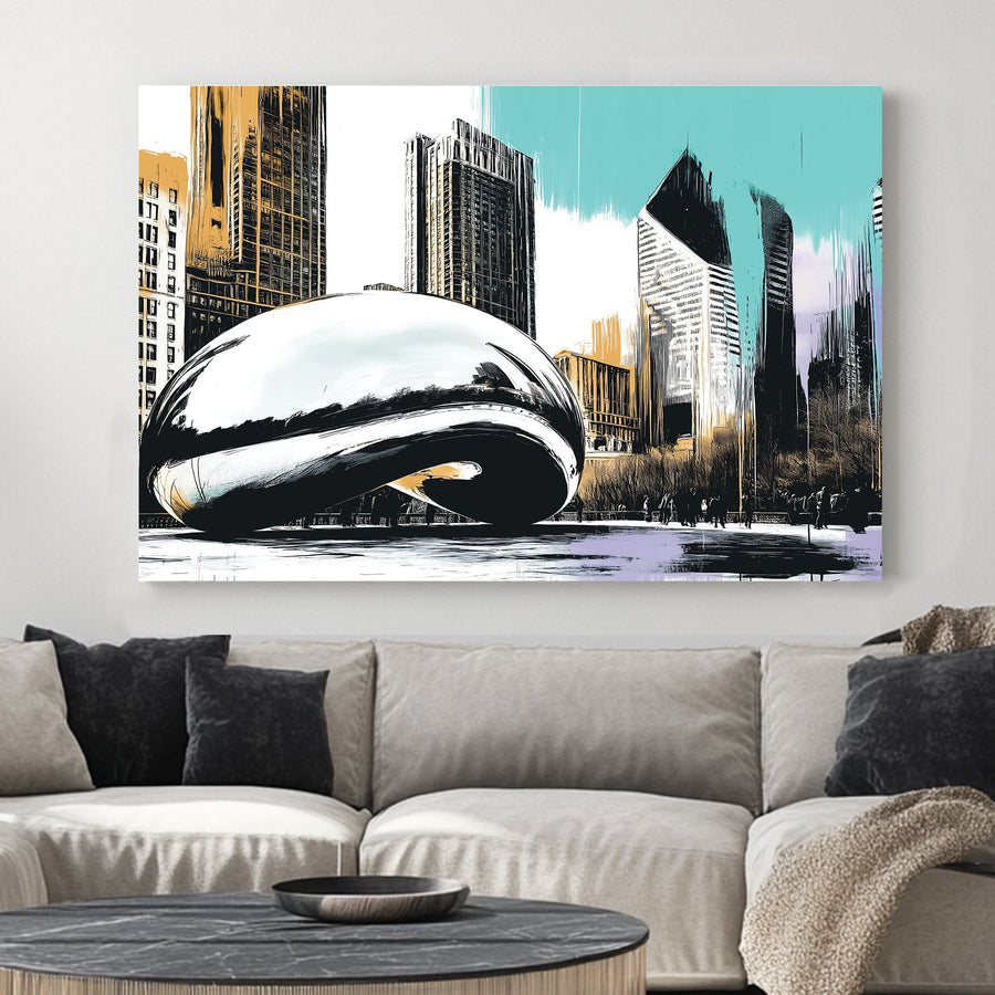 Stylized illustration of Chicago’s Cloud Gate sculpture with skyscrapers and pastel brushstrokes