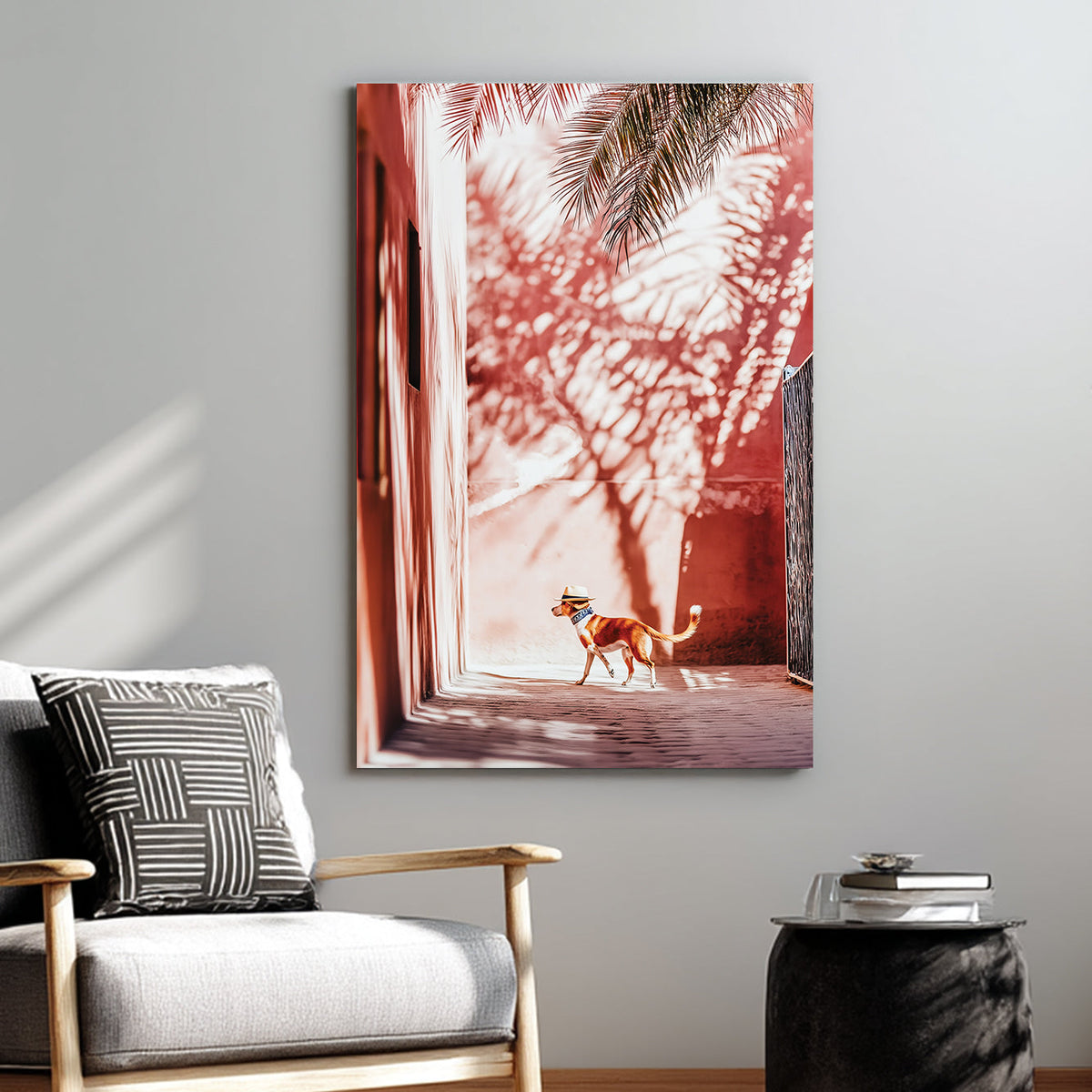 Stylish dog wearing a hat walking through a sunlit alley with palm shadows on pink walls