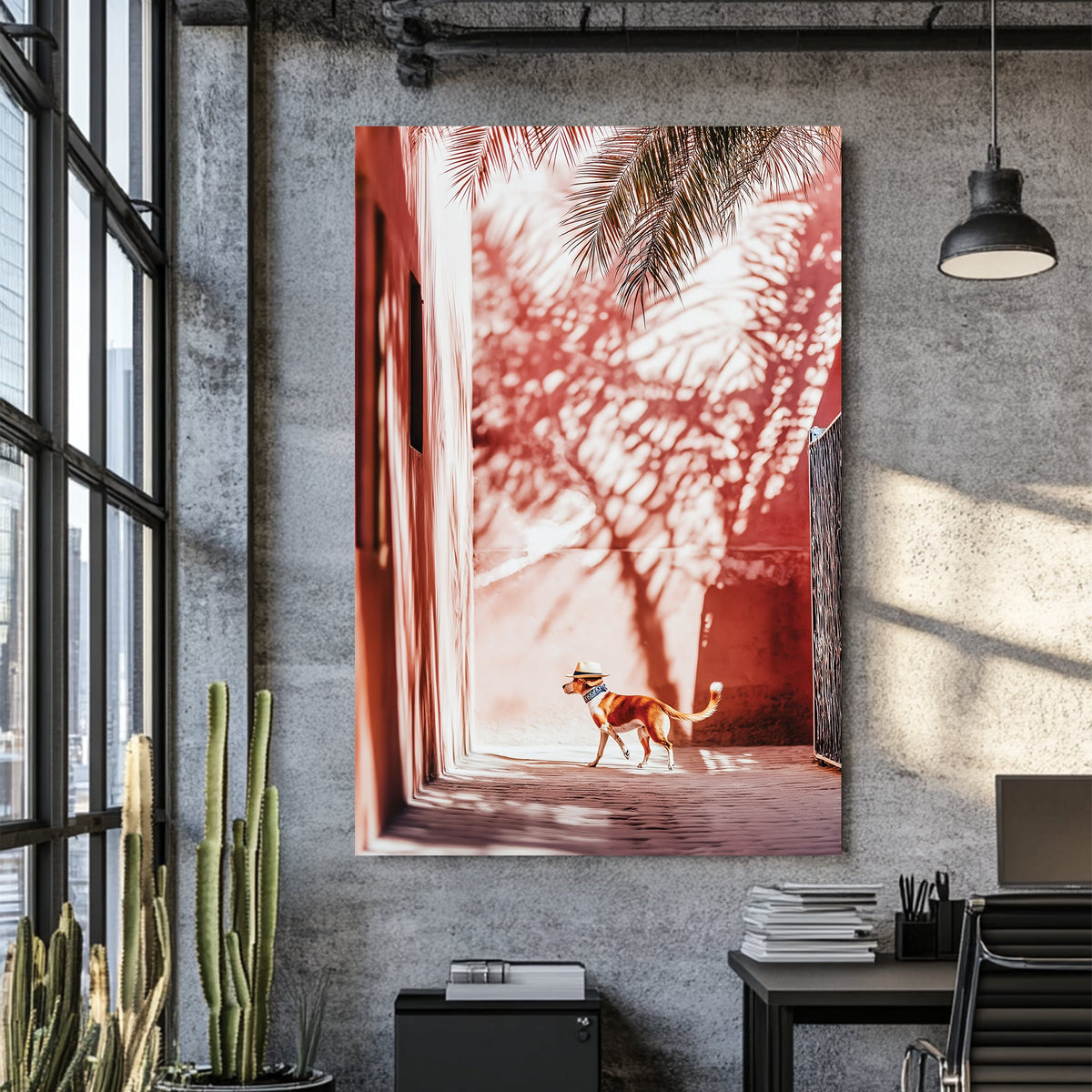 Stylish dog wearing a hat walking through a sunlit alley with palm shadows on pink walls