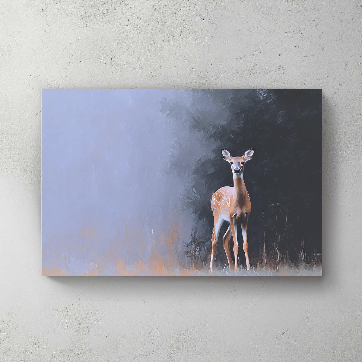 Deer standing at the forest edge in soft morning mist with a painted, impressionist style