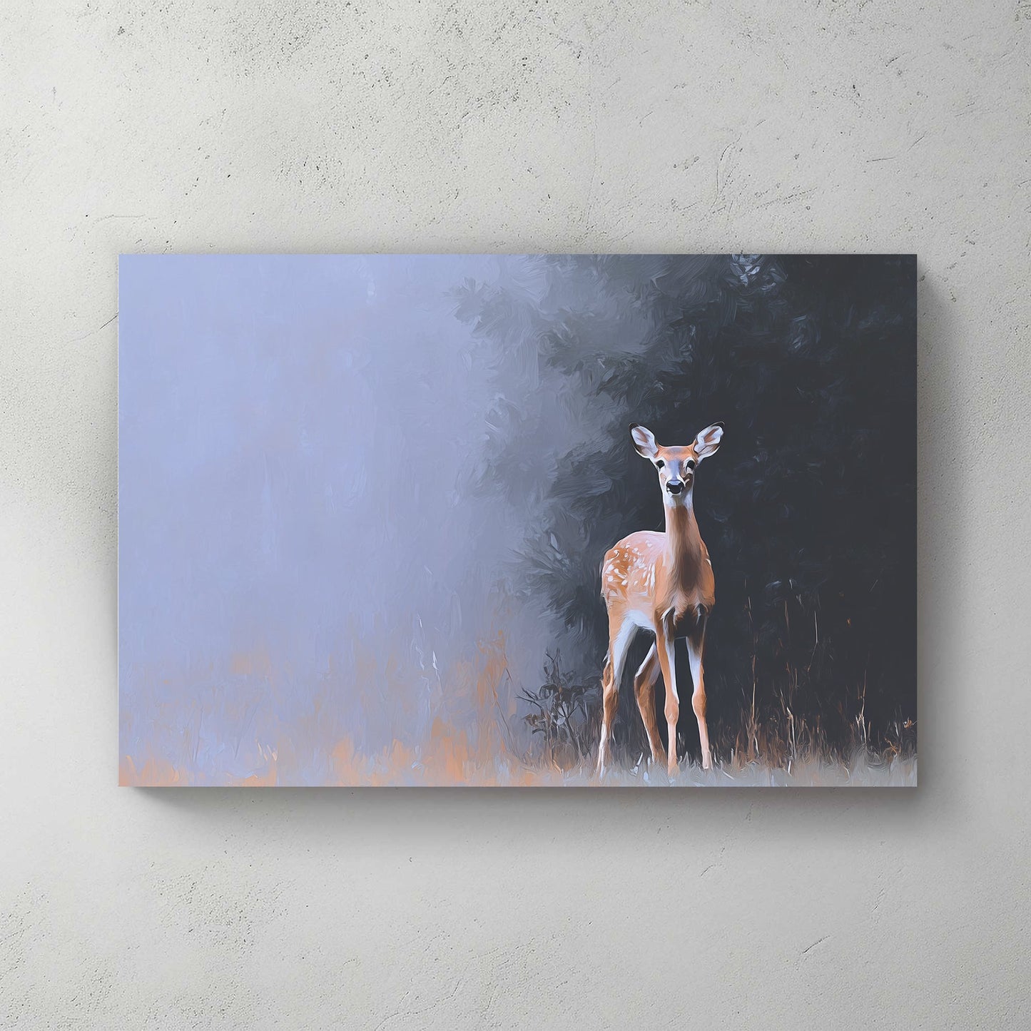 Deer standing at the forest edge in soft morning mist with a painted, impressionist style