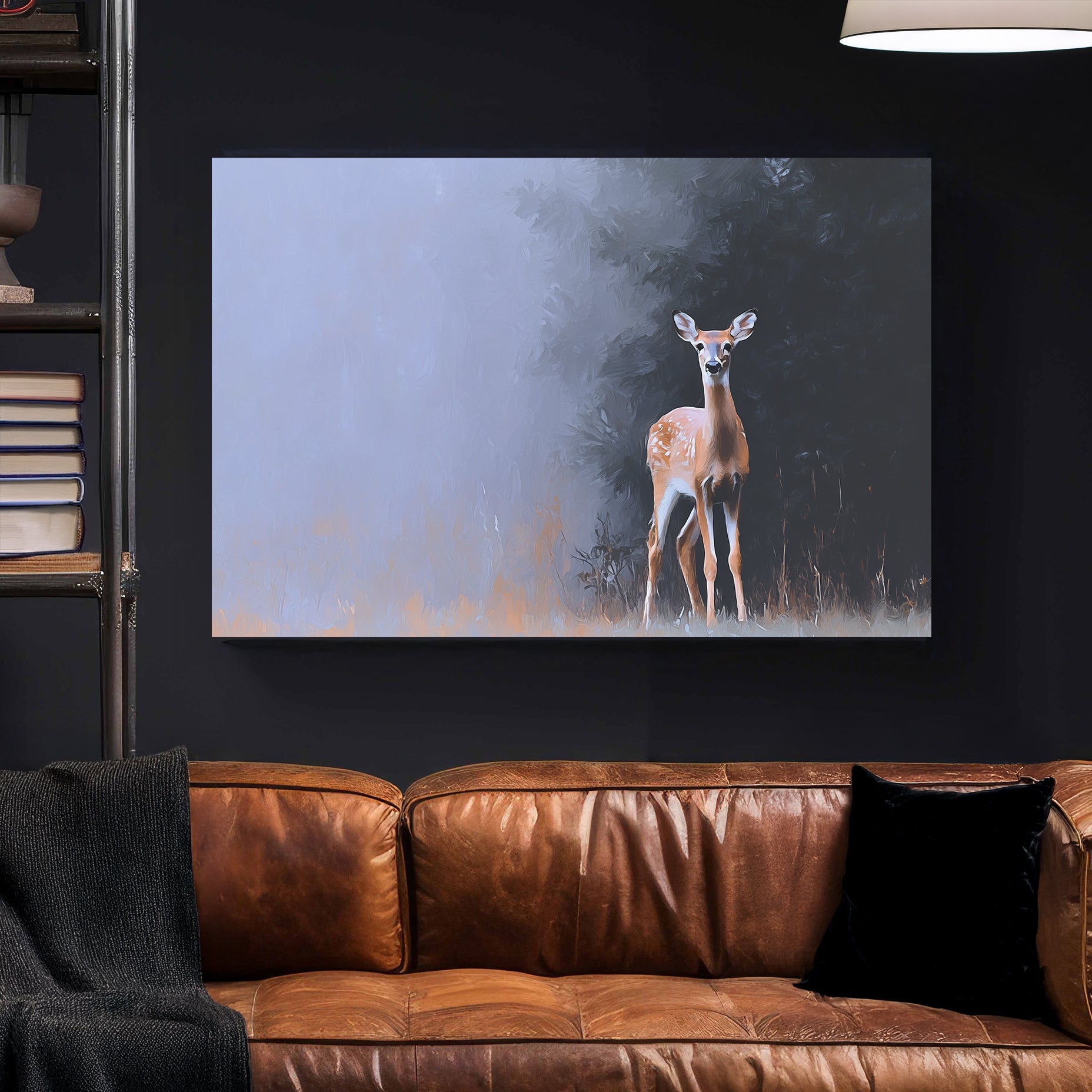 Deer standing at the forest edge in soft morning mist with a painted, impressionist style