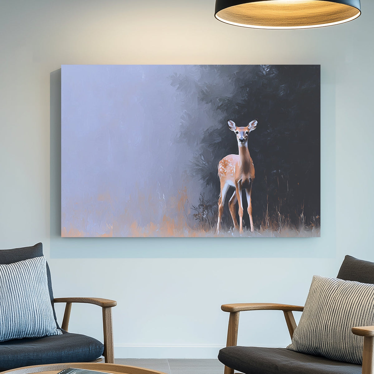 Deer standing at the forest edge in soft morning mist with a painted, impressionist style