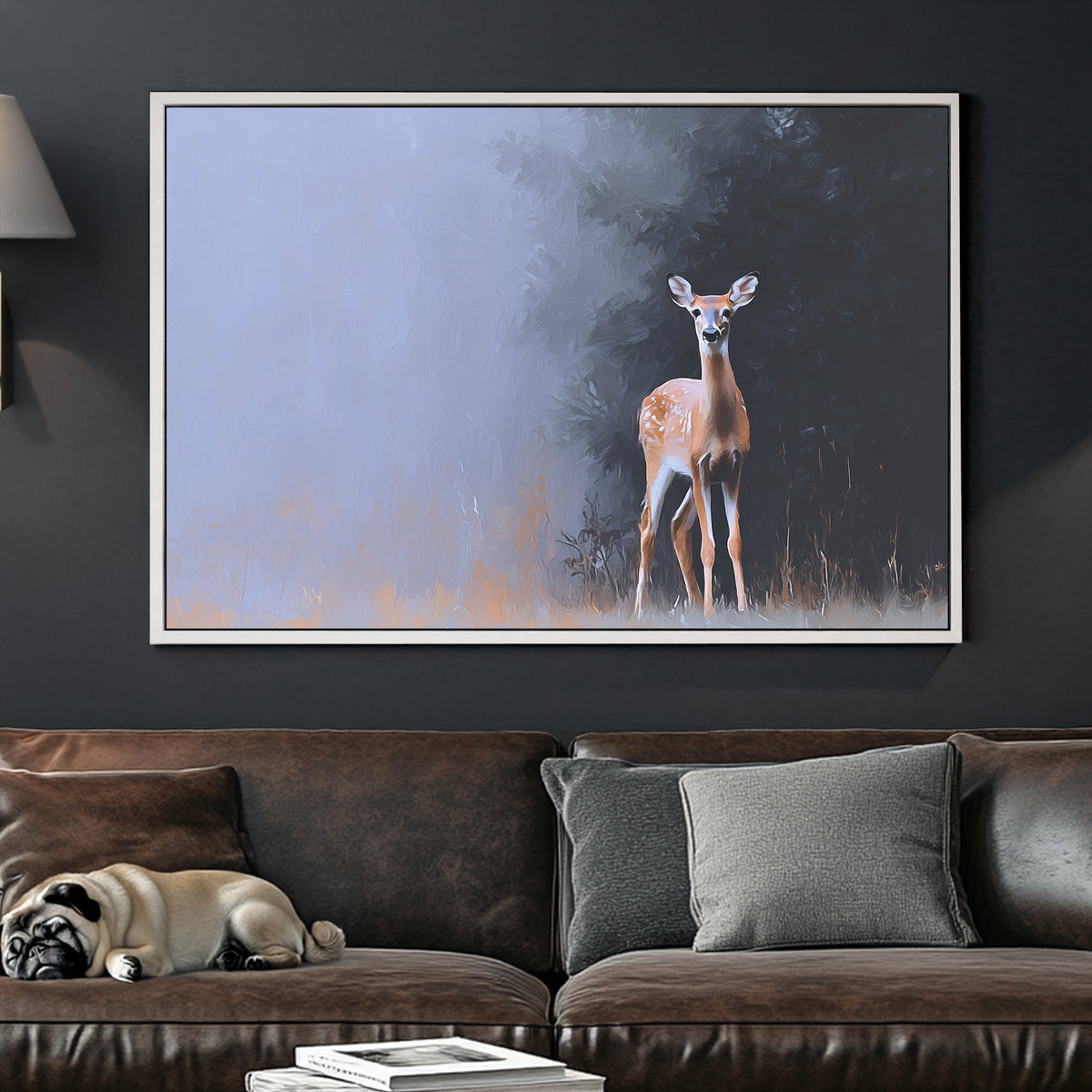 Deer standing at the forest edge in soft morning mist with a painted, impressionist style