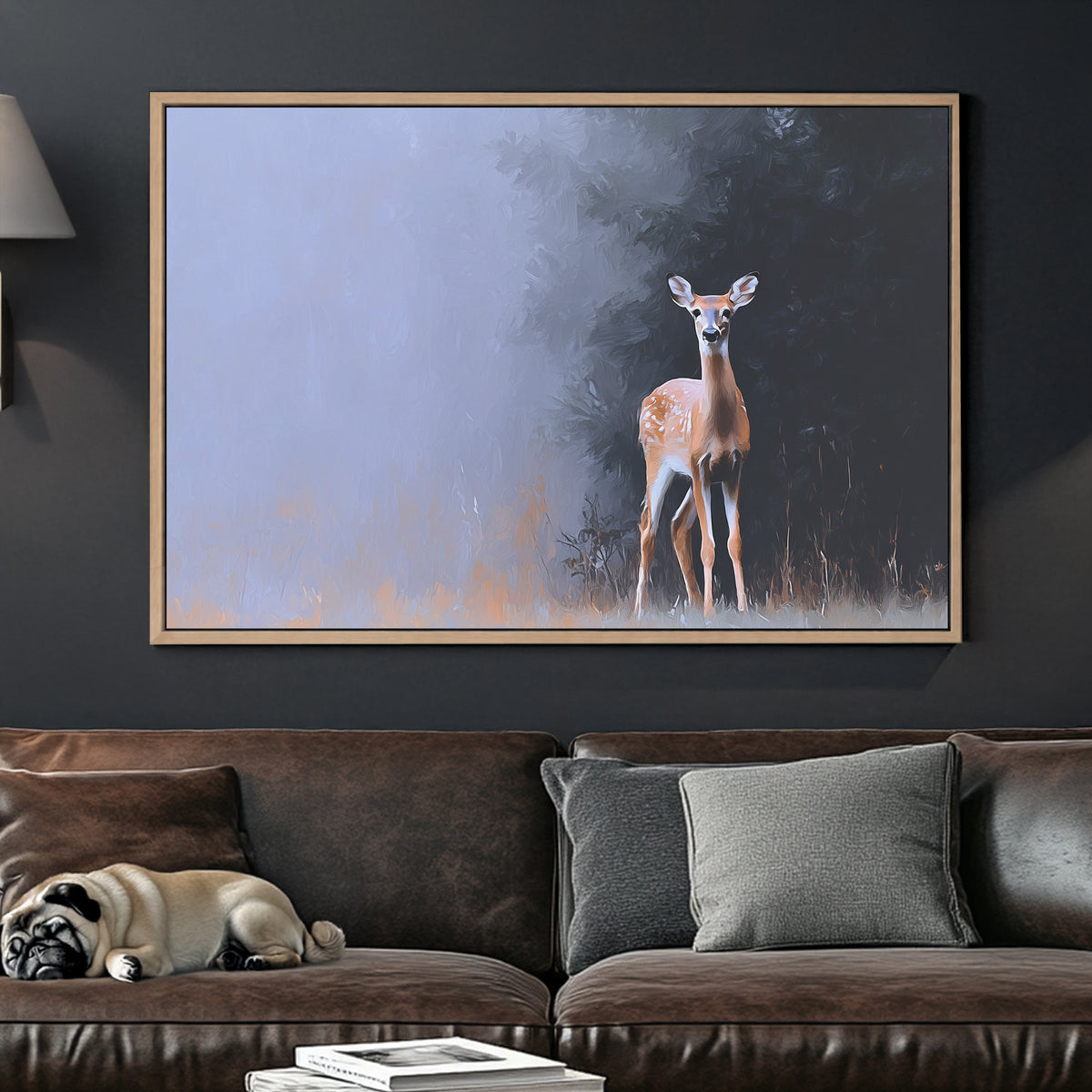 Deer standing at the forest edge in soft morning mist with a painted, impressionist style