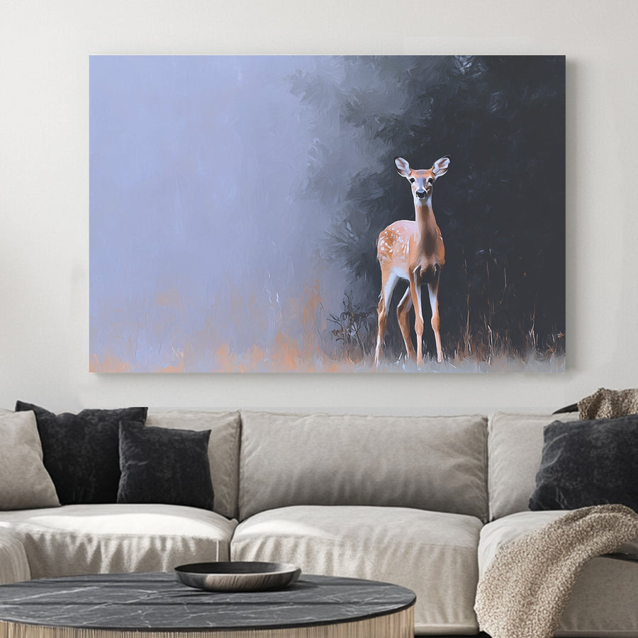 Deer standing at the forest edge in soft morning mist with a painted, impressionist style