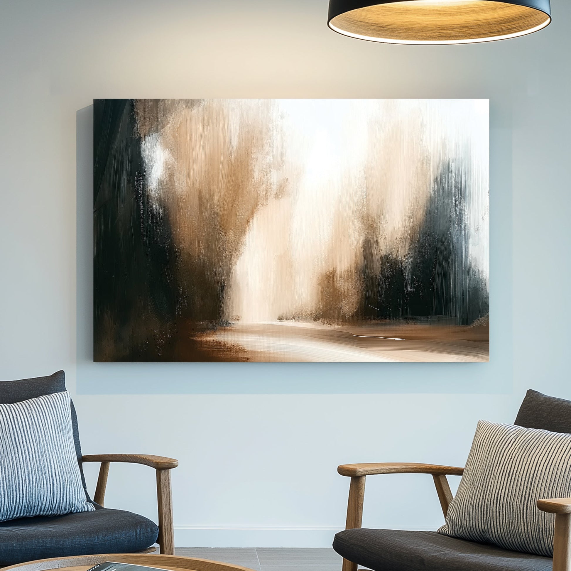 Abstract forest road in warm neutral tones, minimal modern wall art
