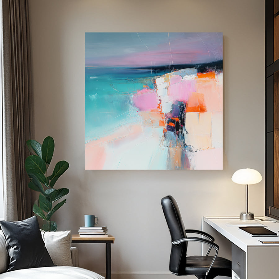 Abstract pastel coastal wall art with pink, aqua, and orange tones