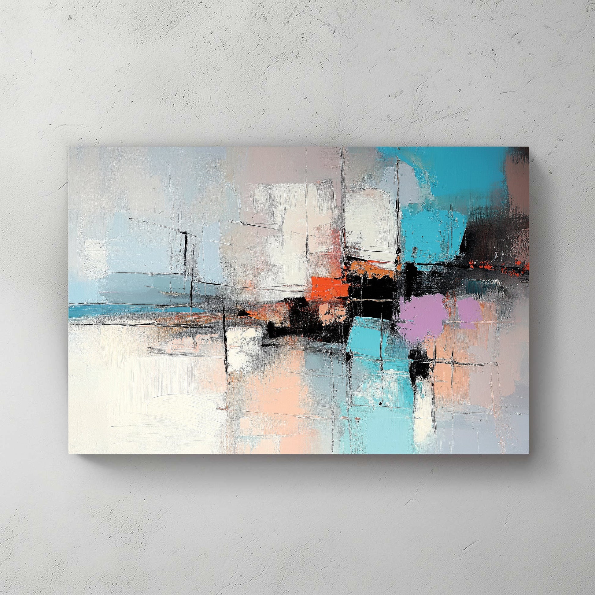 Modern abstract wall art with teal, orange, and lavender accents