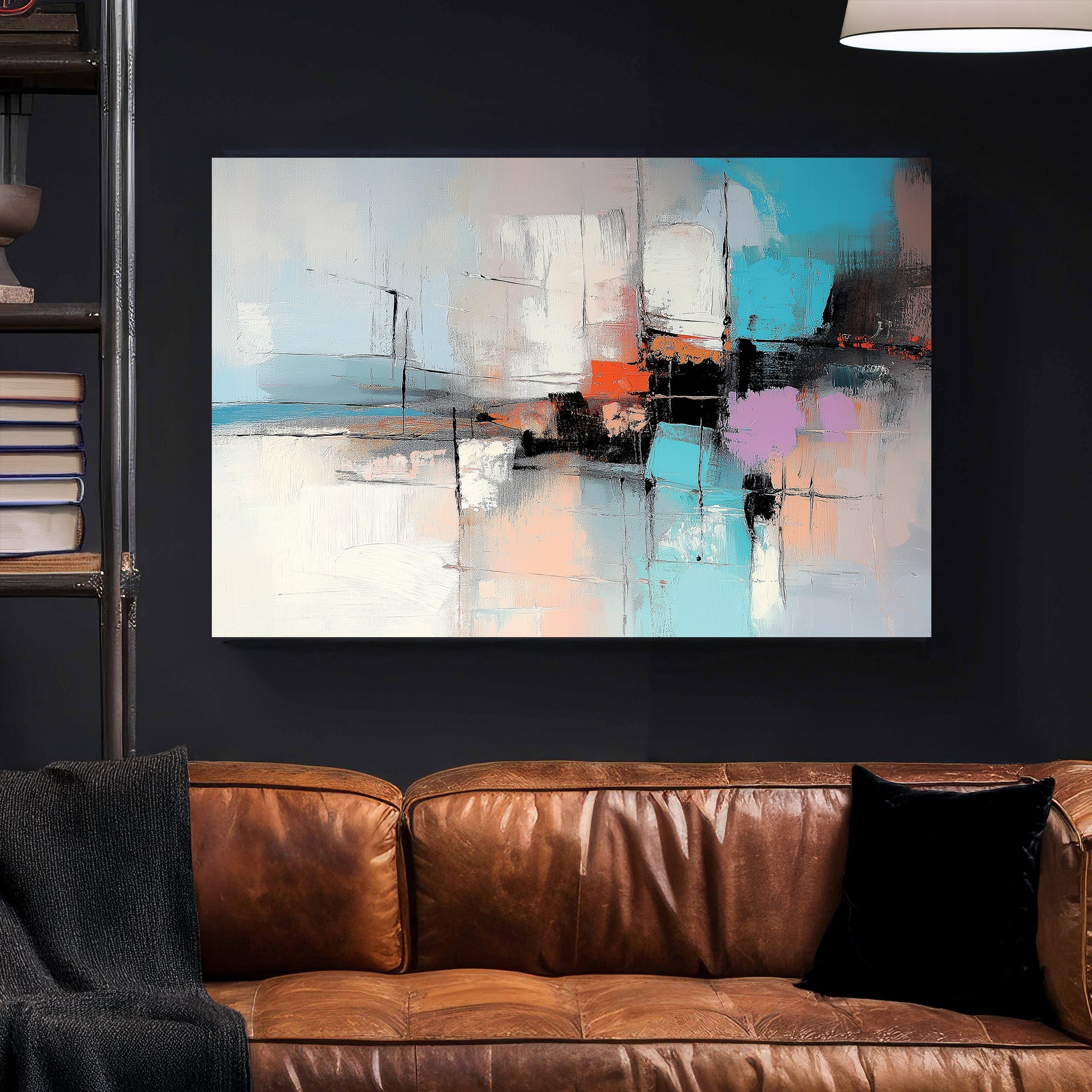 Modern abstract wall art with teal, orange, and lavender accents