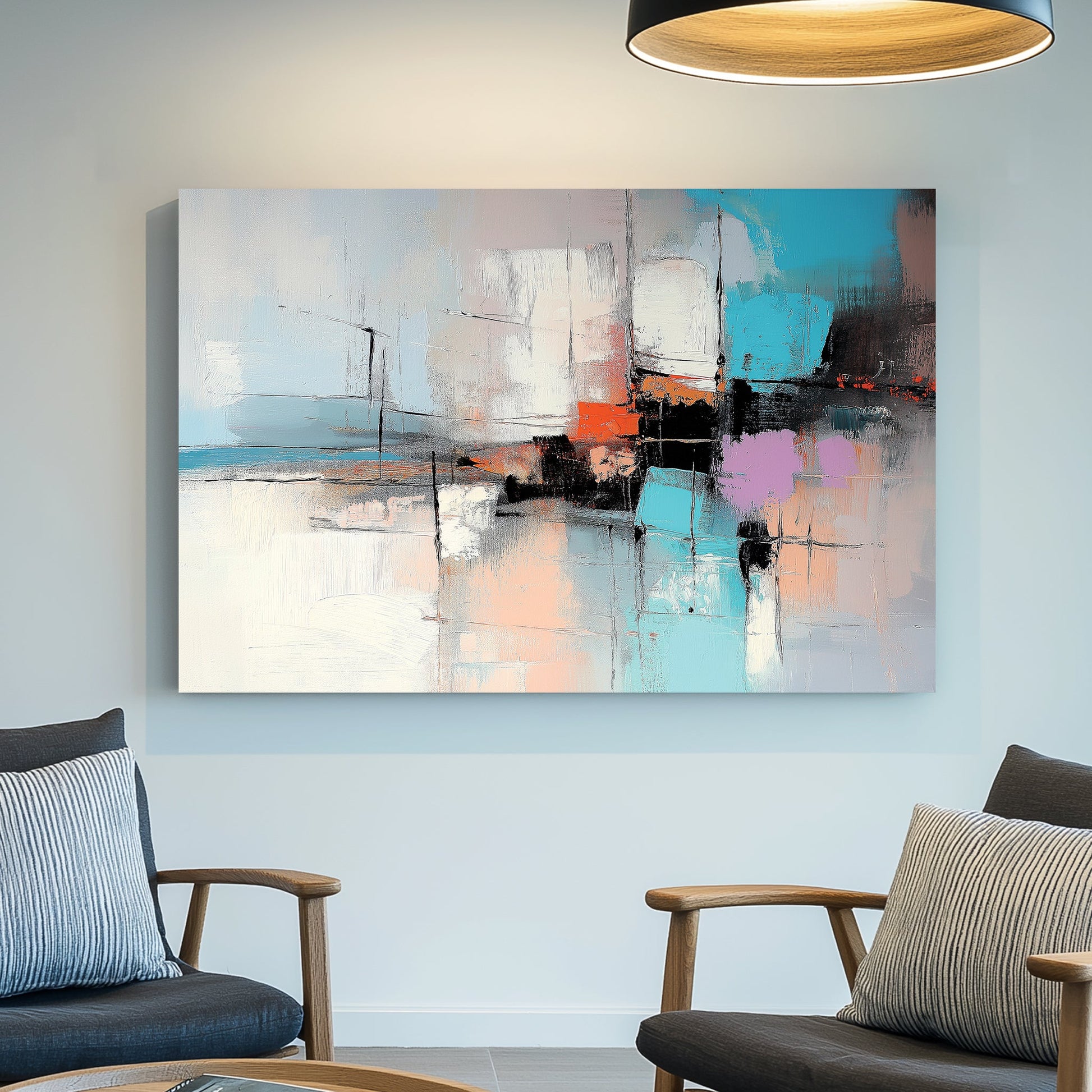 Modern abstract wall art with teal, orange, and lavender accents