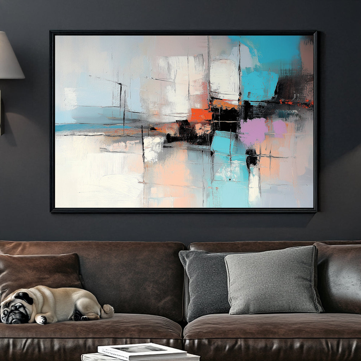 Modern abstract wall art with teal, orange, and lavender accents