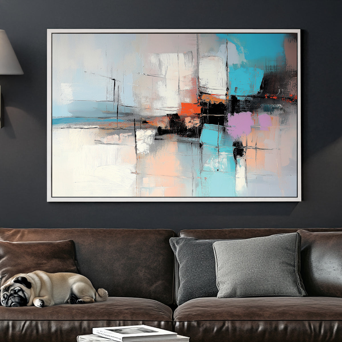 Modern abstract wall art with teal, orange, and lavender accents