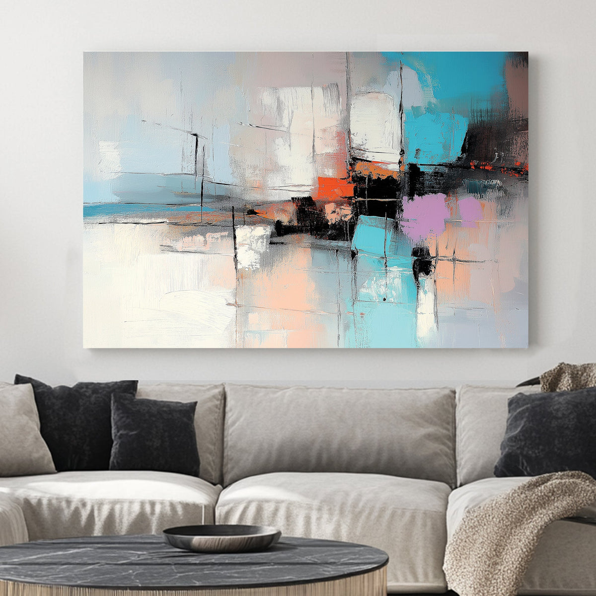Modern abstract wall art with teal, orange, and lavender accents