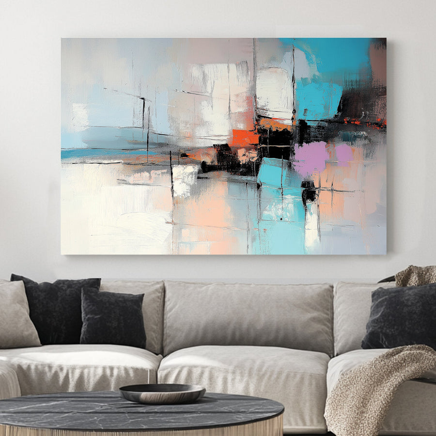 Modern abstract wall art with teal, orange, and lavender accents