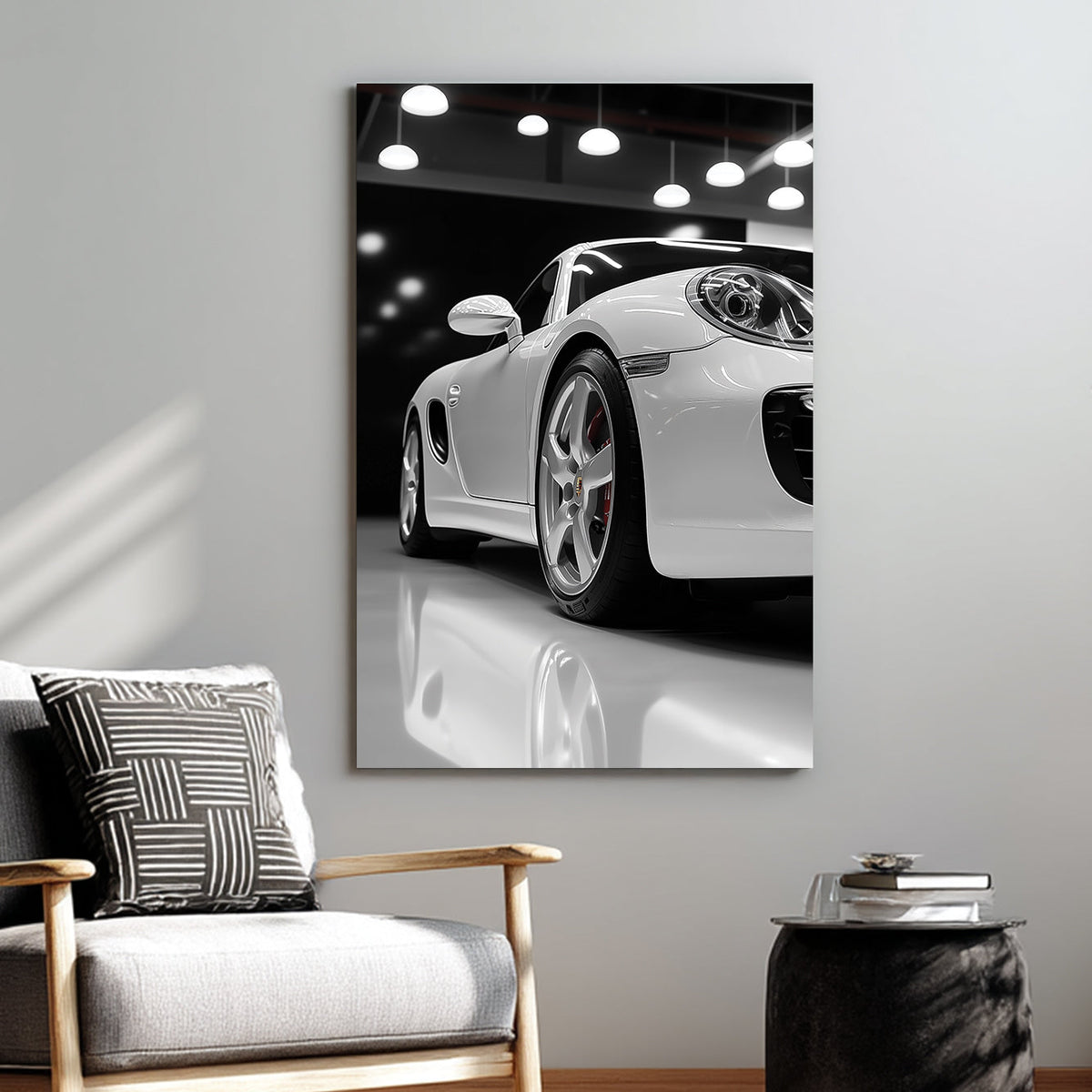 Luxury Porsche wall art in glossy white showroom setting