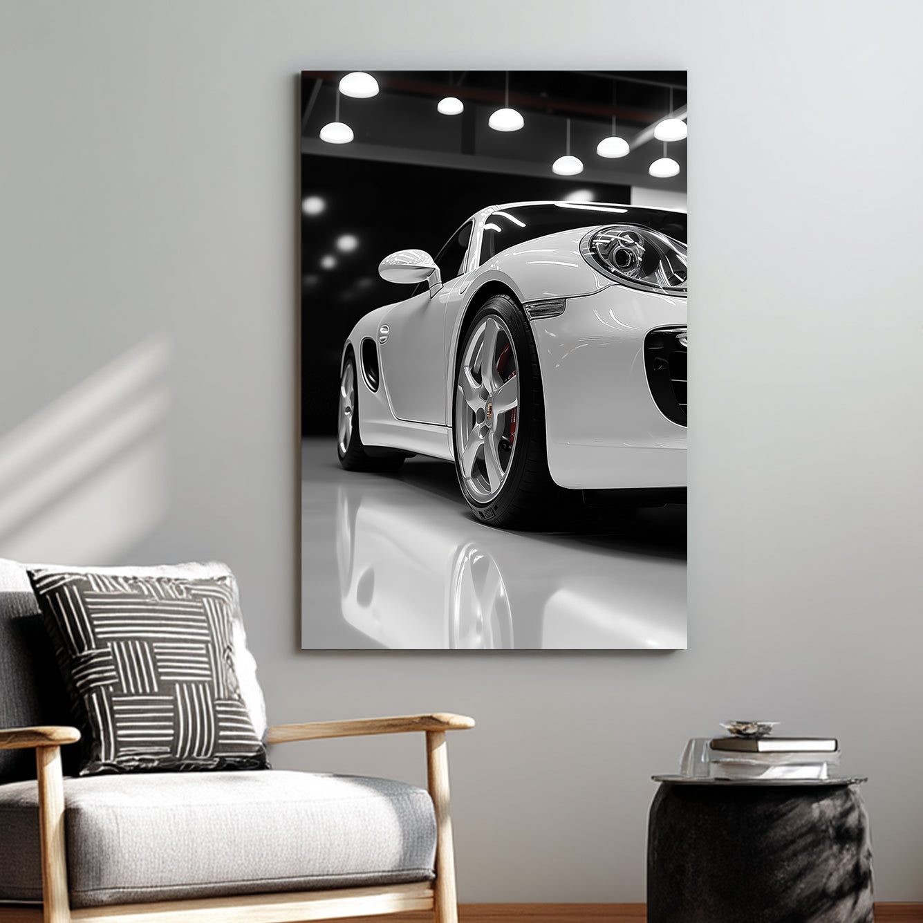 Luxury Porsche wall art in glossy white showroom setting