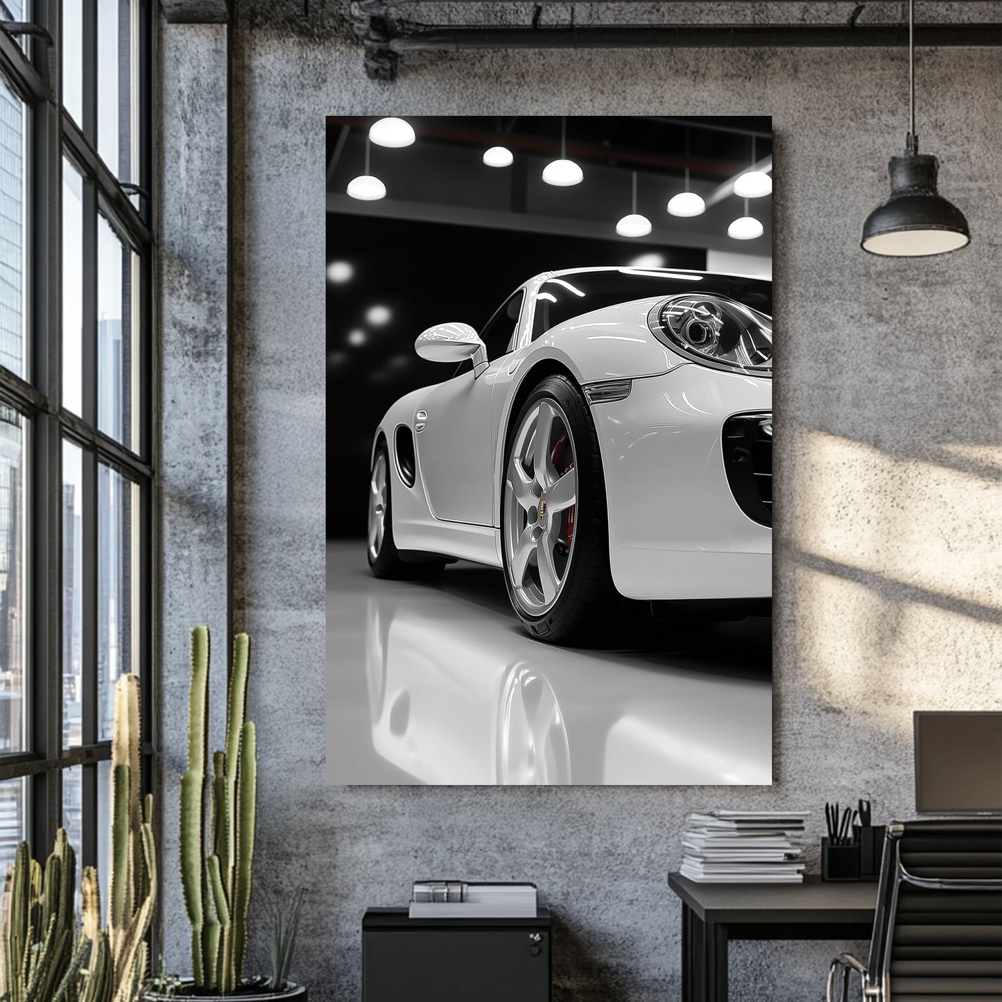 Luxury Porsche wall art in glossy white showroom setting