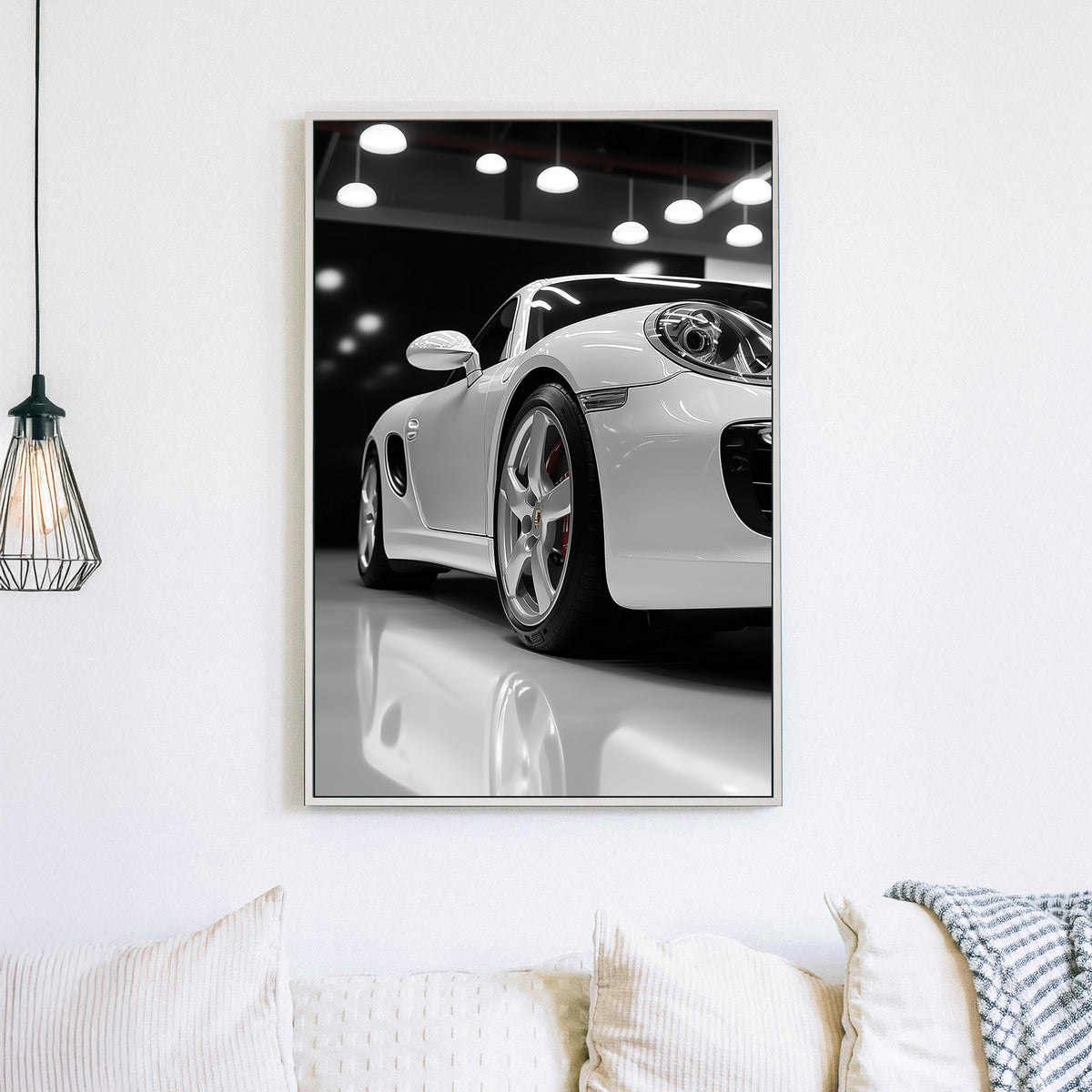 Luxury Porsche wall art in glossy white showroom setting