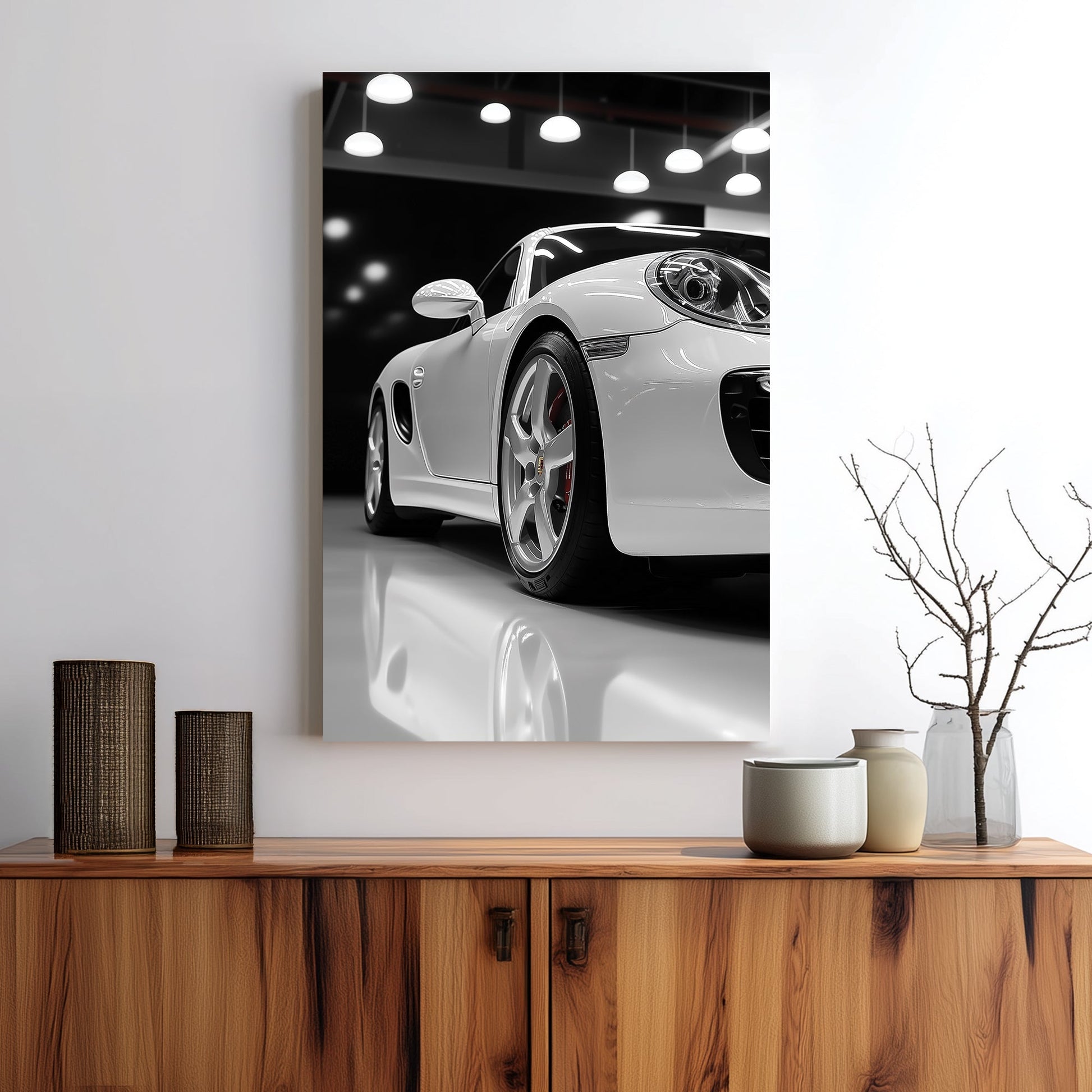 Luxury Porsche wall art in glossy white showroom setting