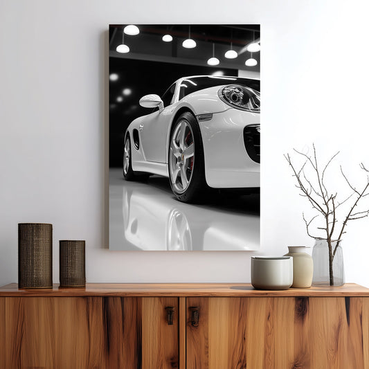 Luxury Porsche wall art in glossy white showroom setting