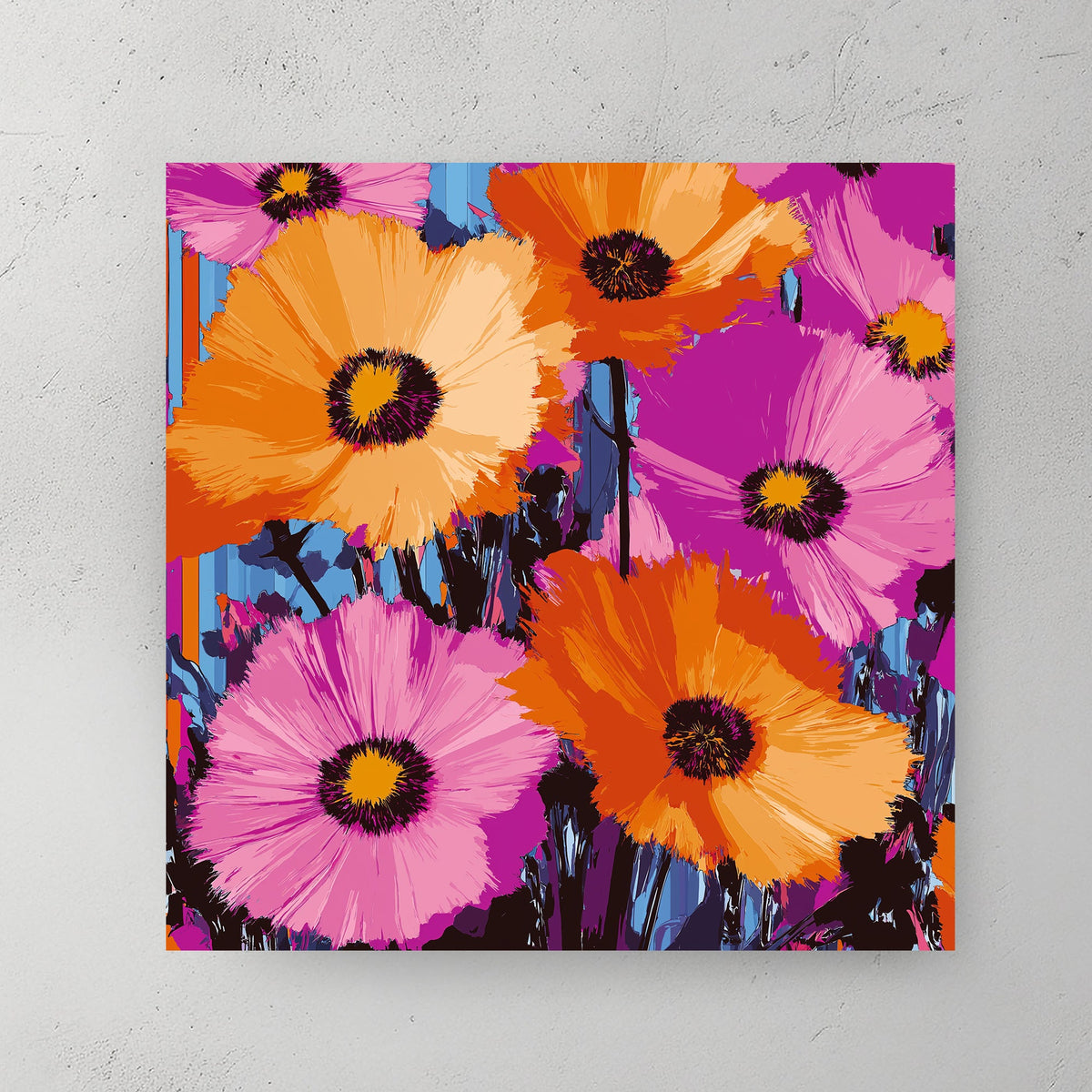 Vibrant neon flower wall art with bold orange and pink petals