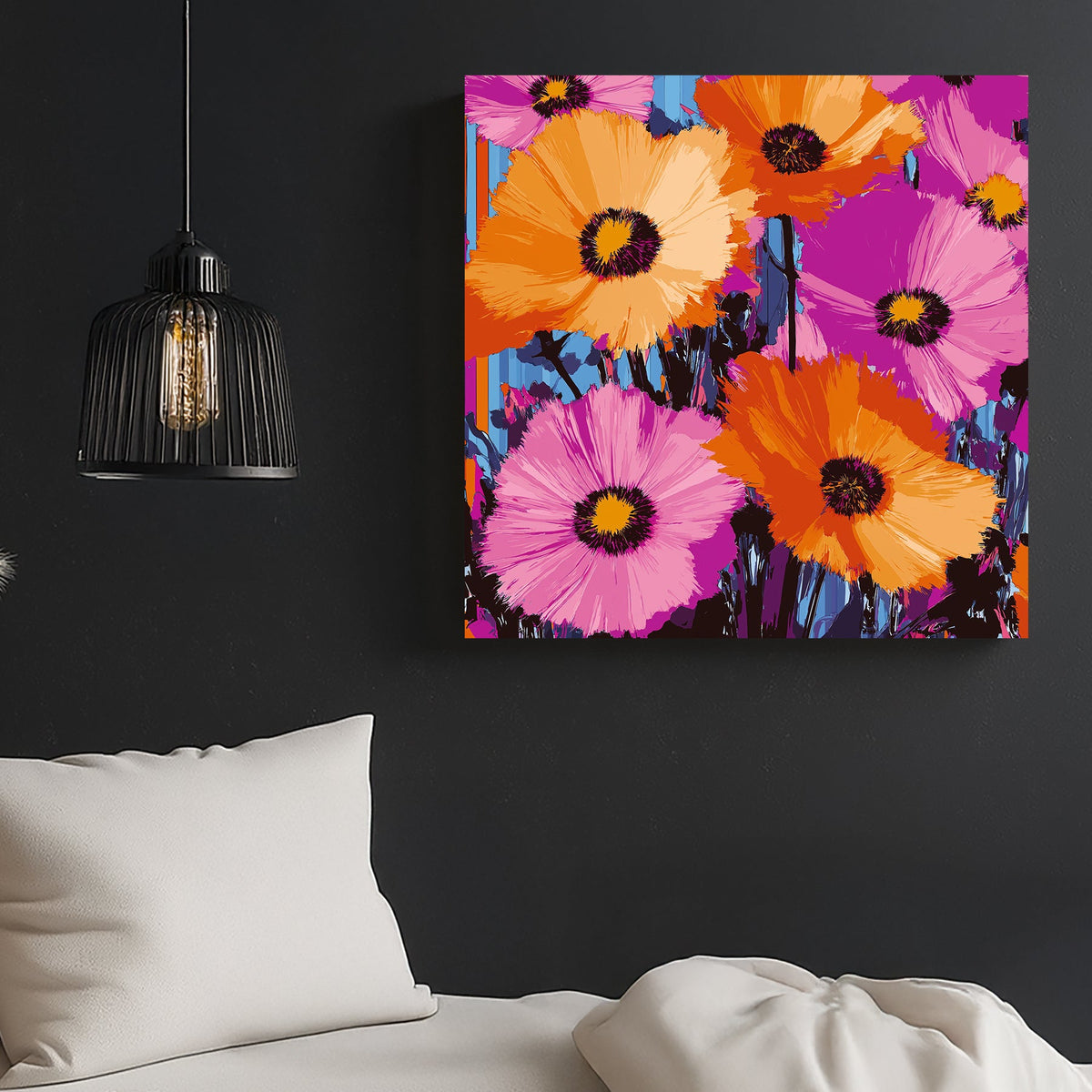Vibrant neon flower wall art with bold orange and pink petals