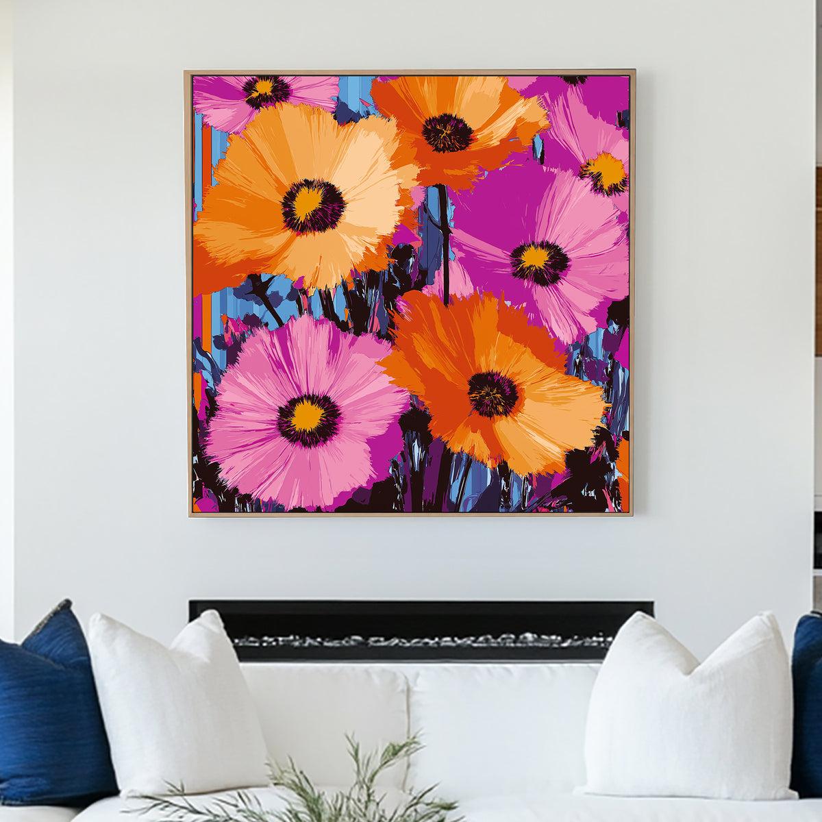 Vibrant neon flower wall art with bold orange and pink petals