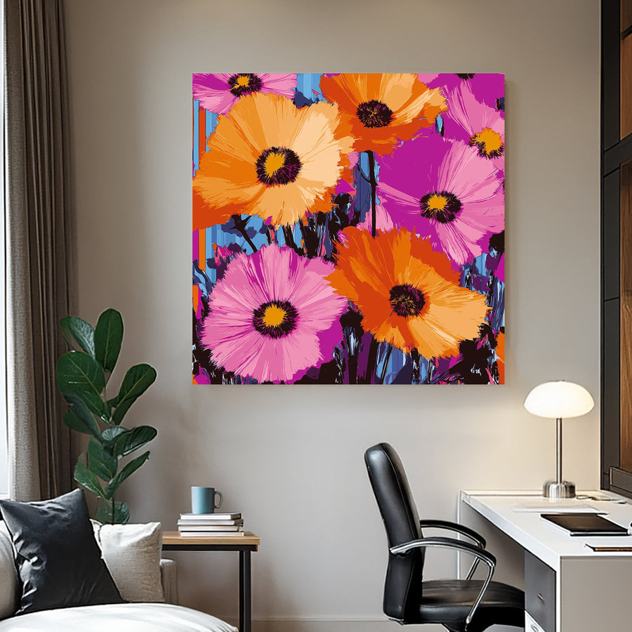 Vibrant neon flower wall art with bold orange and pink petals