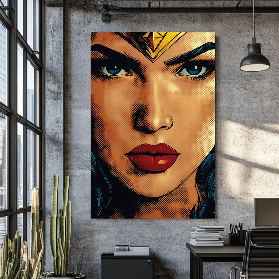 Wonder Woman pop art wall art close-up portrait with bold colours