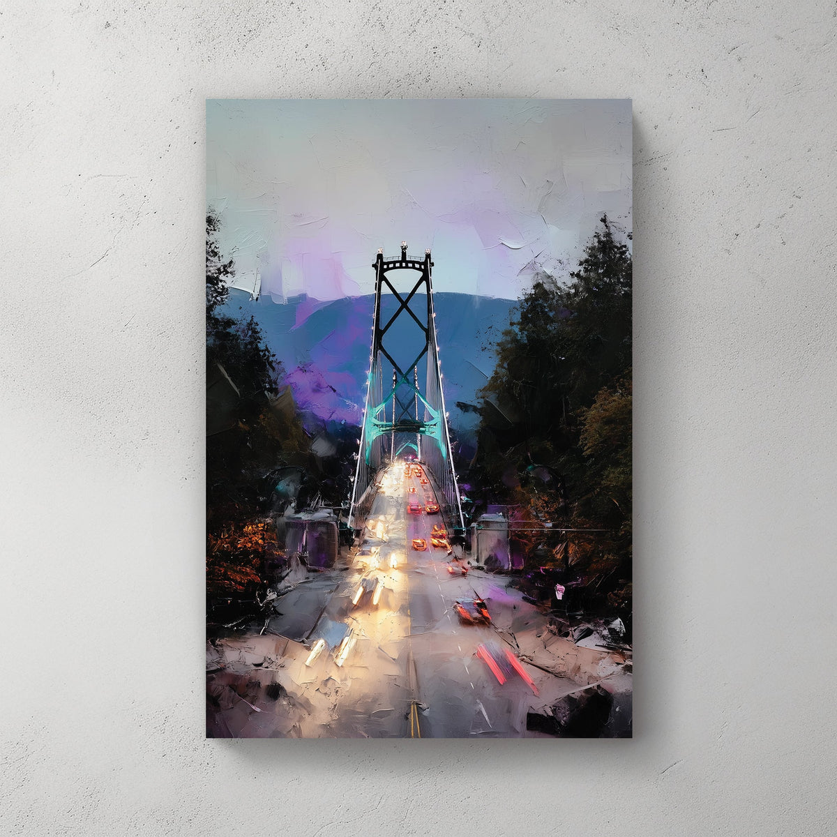 Vancouver Lions Gate Bridge wall art with glowing traffic lights and mountain backdrop