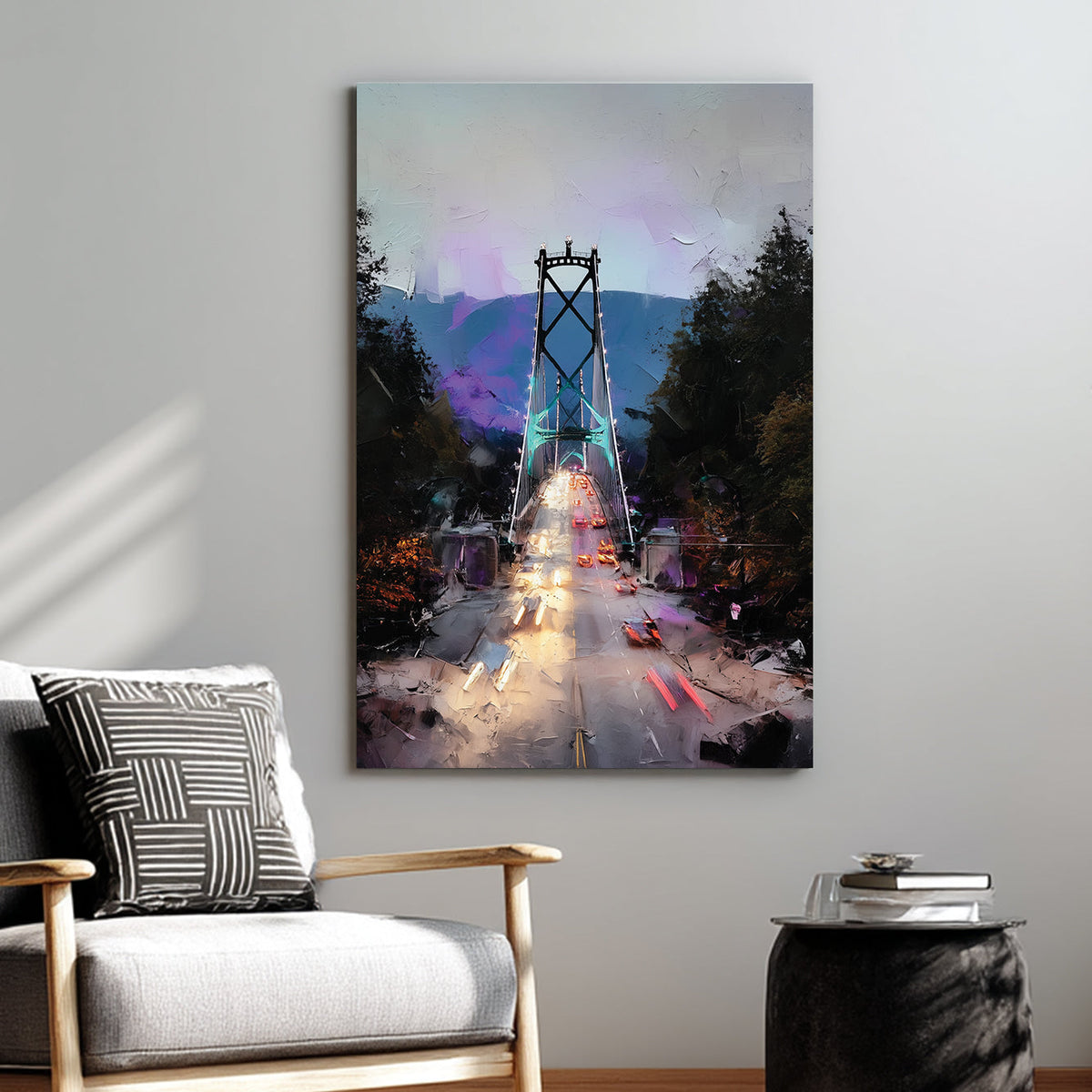 Vancouver Lions Gate Bridge wall art with glowing traffic lights and mountain backdrop
