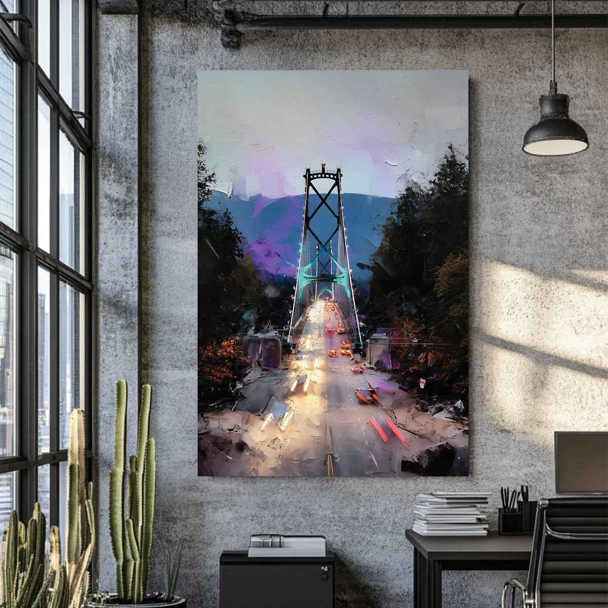 Vancouver Lions Gate Bridge wall art with glowing traffic lights and mountain backdrop