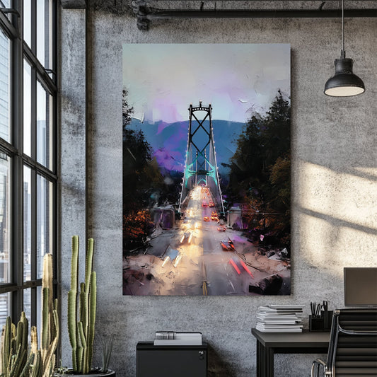 Vancouver Lions Gate Bridge wall art with glowing traffic lights and mountain backdrop