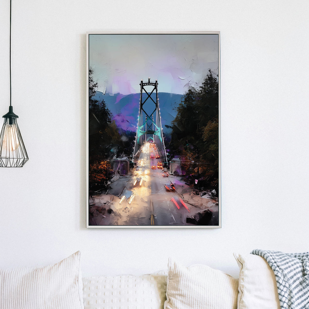 Vancouver Lions Gate Bridge wall art with glowing traffic lights and mountain backdrop