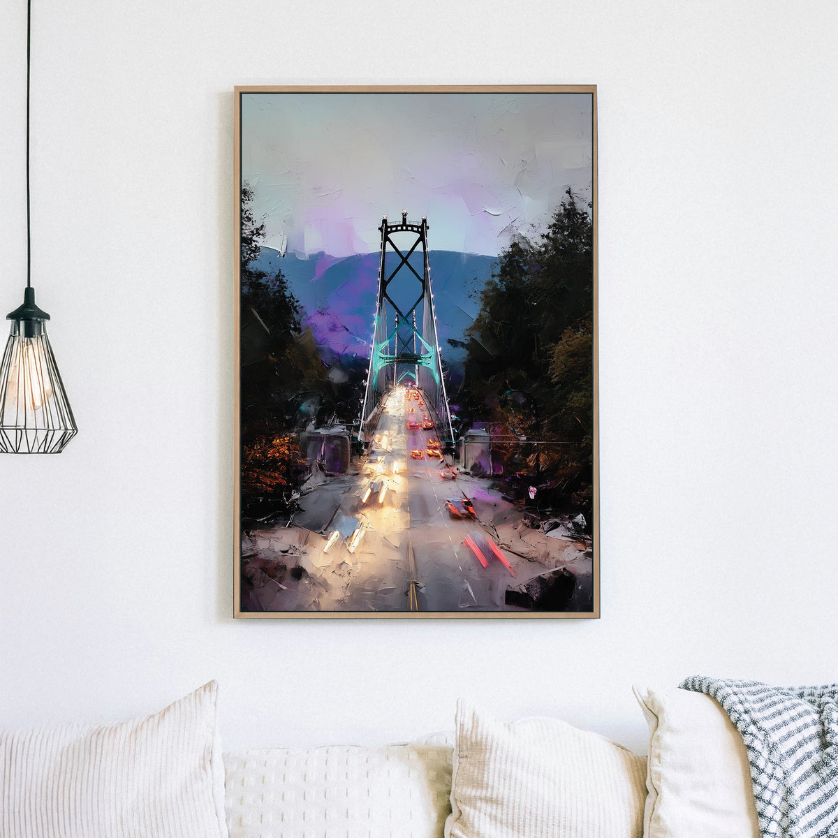 Vancouver Lions Gate Bridge wall art with glowing traffic lights and mountain backdrop