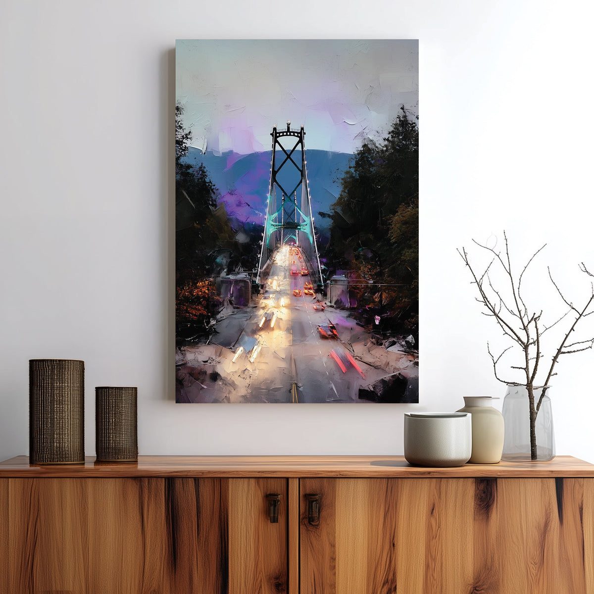 Vancouver Lions Gate Bridge wall art with glowing traffic lights and mountain backdrop
