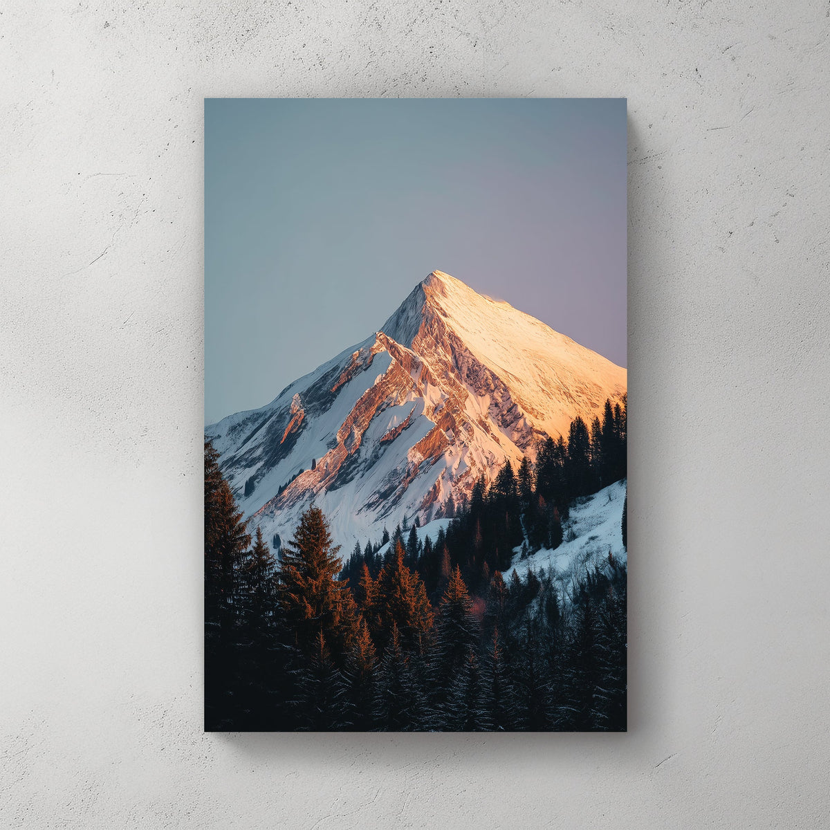 sunrise mountain peak wall art with snowy forest foreground
