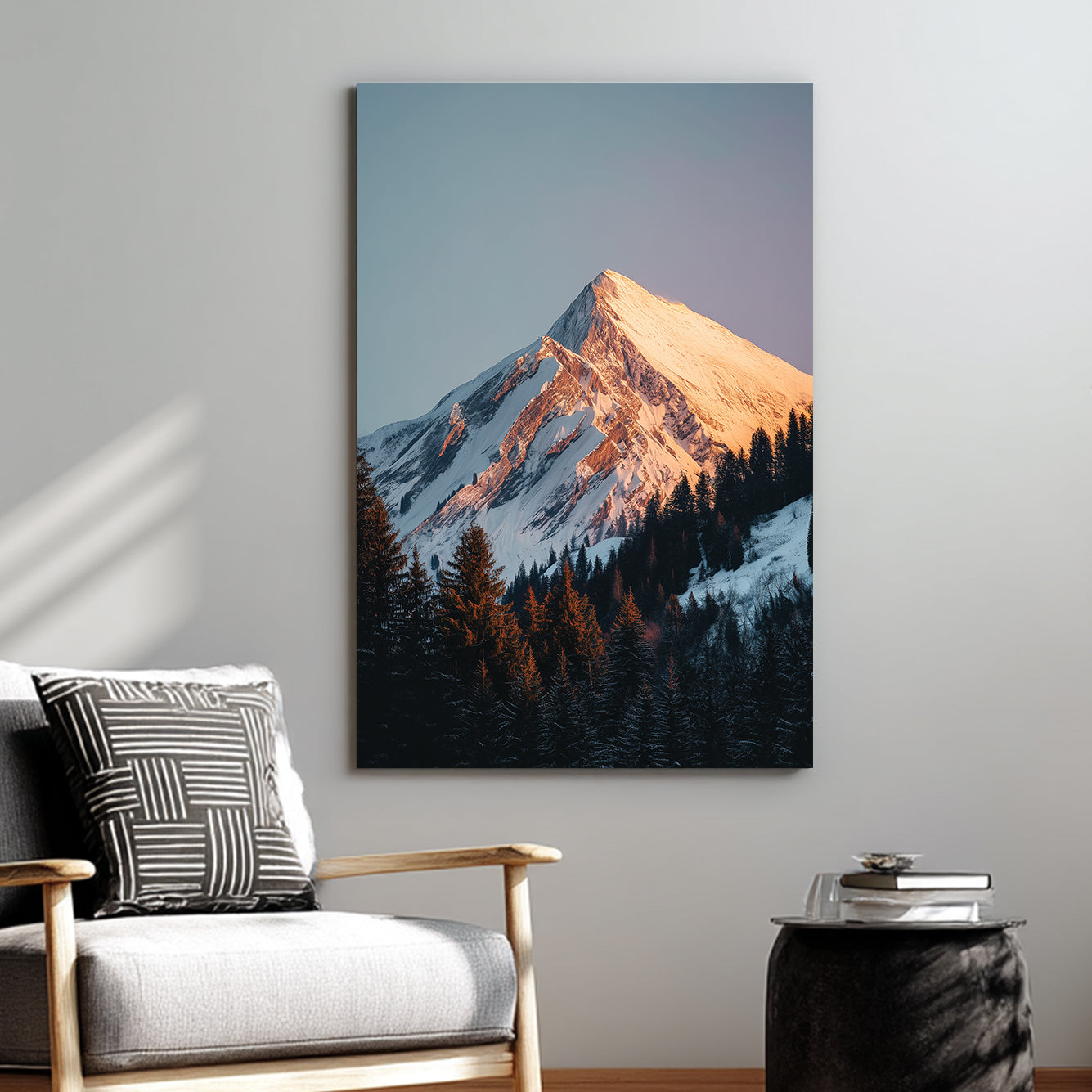 sunrise mountain peak wall art with snowy forest foreground