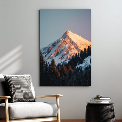sunrise mountain peak wall art with snowy forest foreground