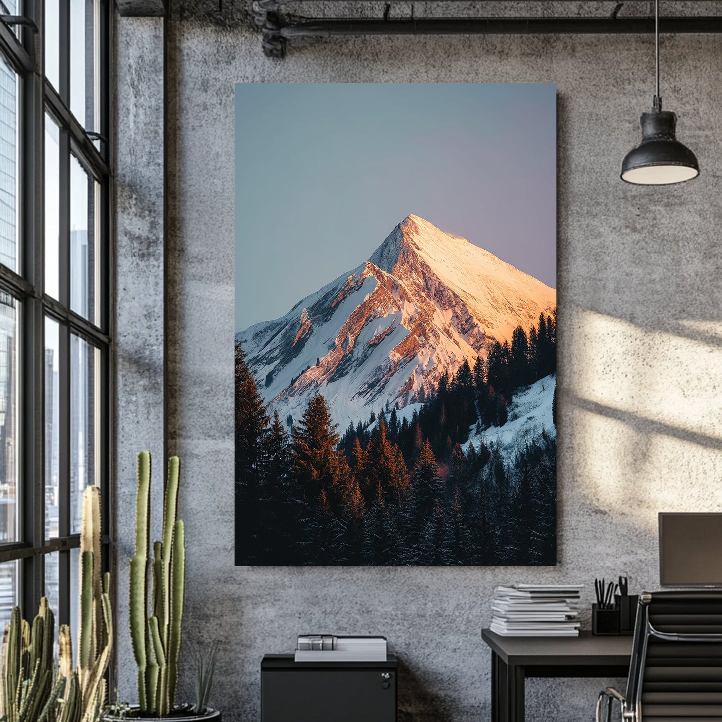 sunrise mountain peak wall art with snowy forest foreground