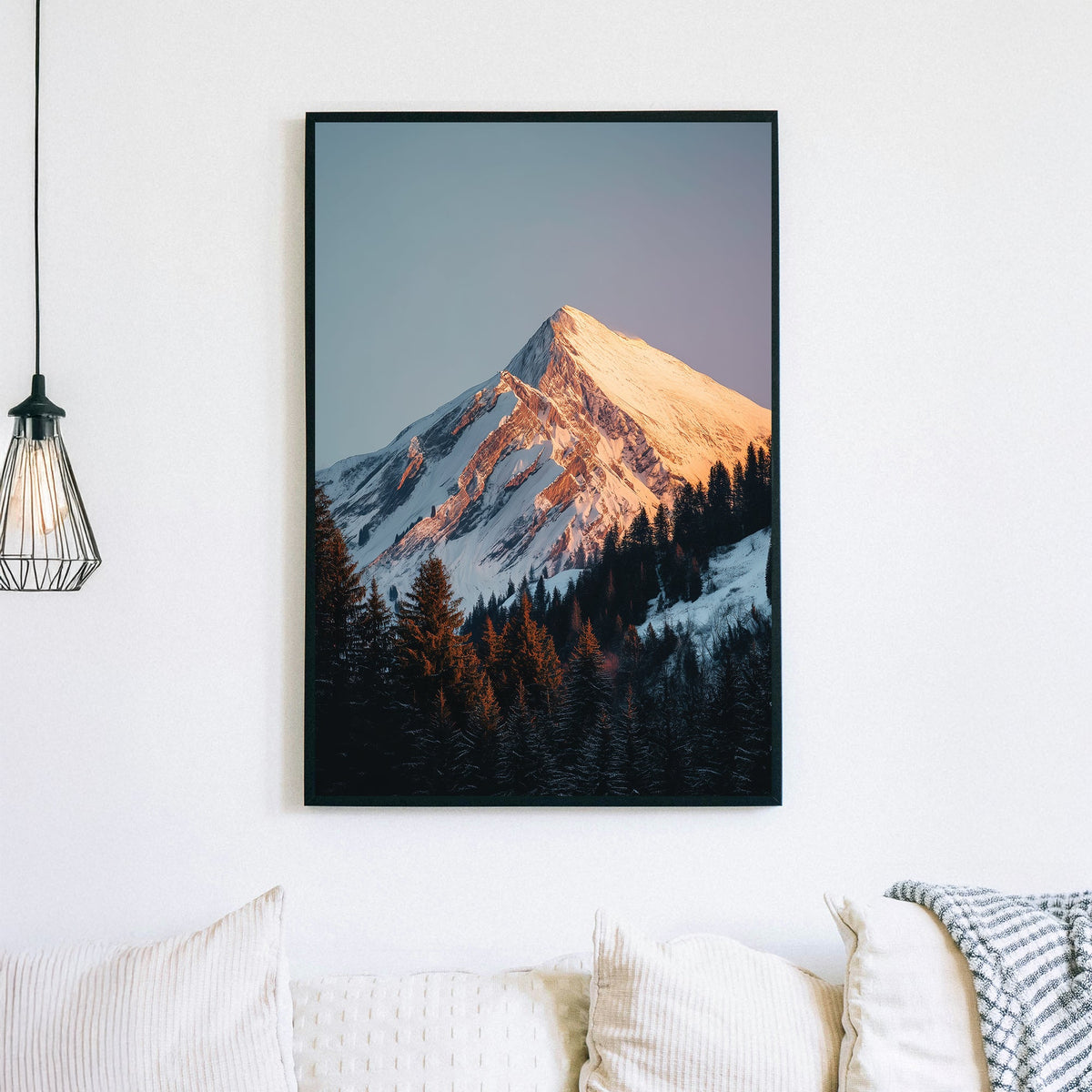 sunrise mountain peak wall art with snowy forest foreground
