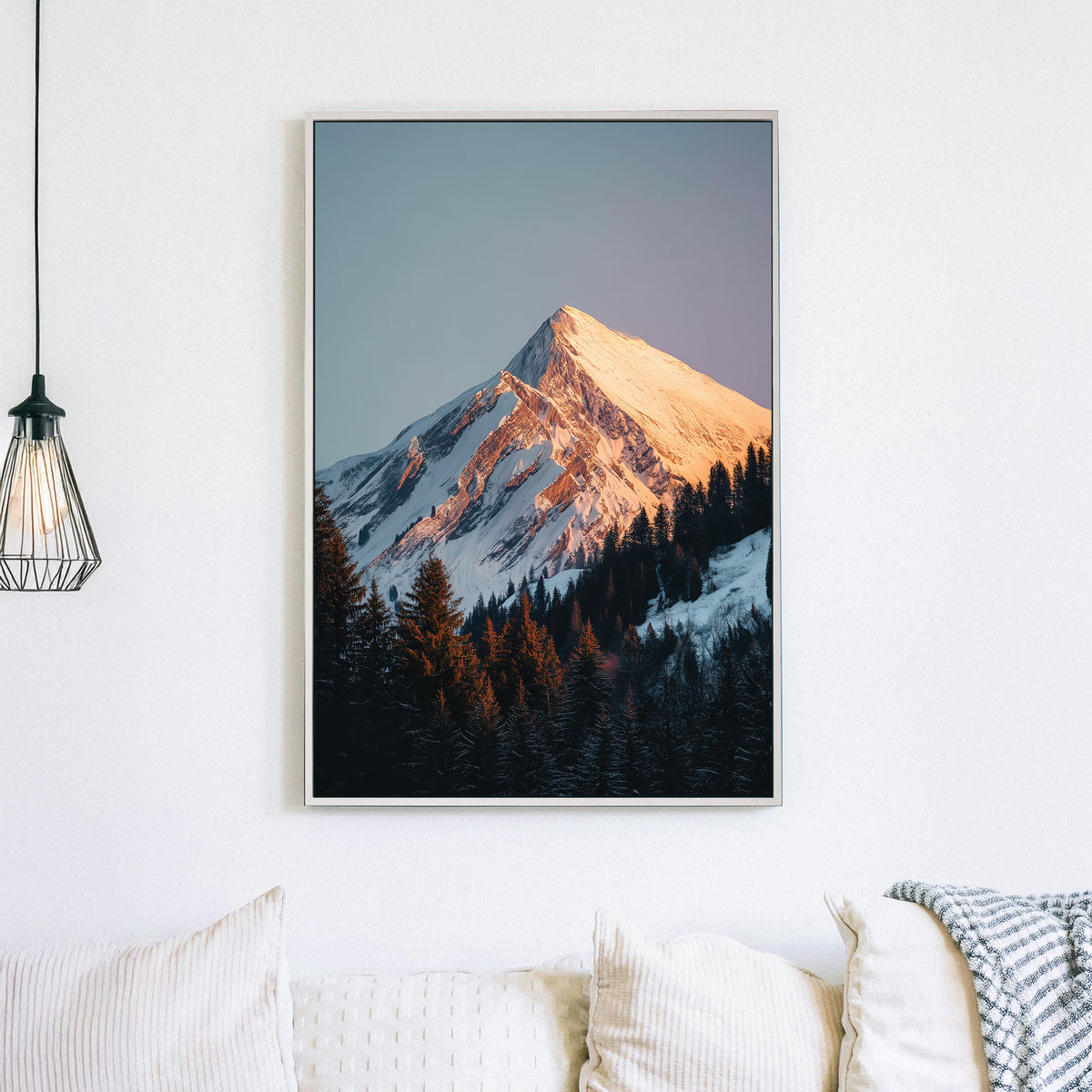 sunrise mountain peak wall art with snowy forest foreground