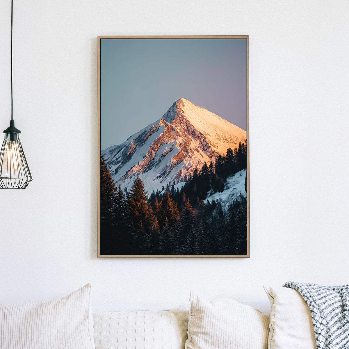 sunrise mountain peak wall art with snowy forest foreground