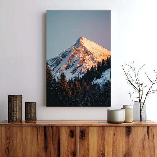sunrise mountain peak wall art with snowy forest foreground
