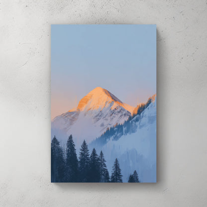 snow-covered mountain at sunrise wall art with pine trees