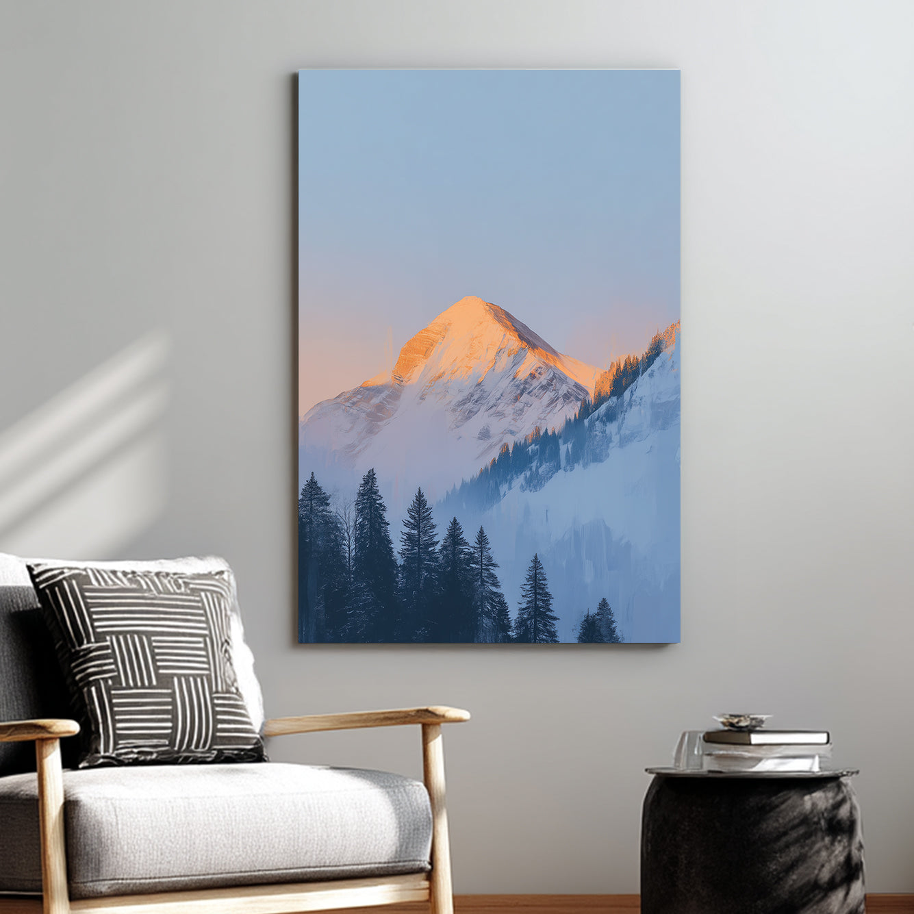 snow-covered mountain at sunrise wall art with pine trees
