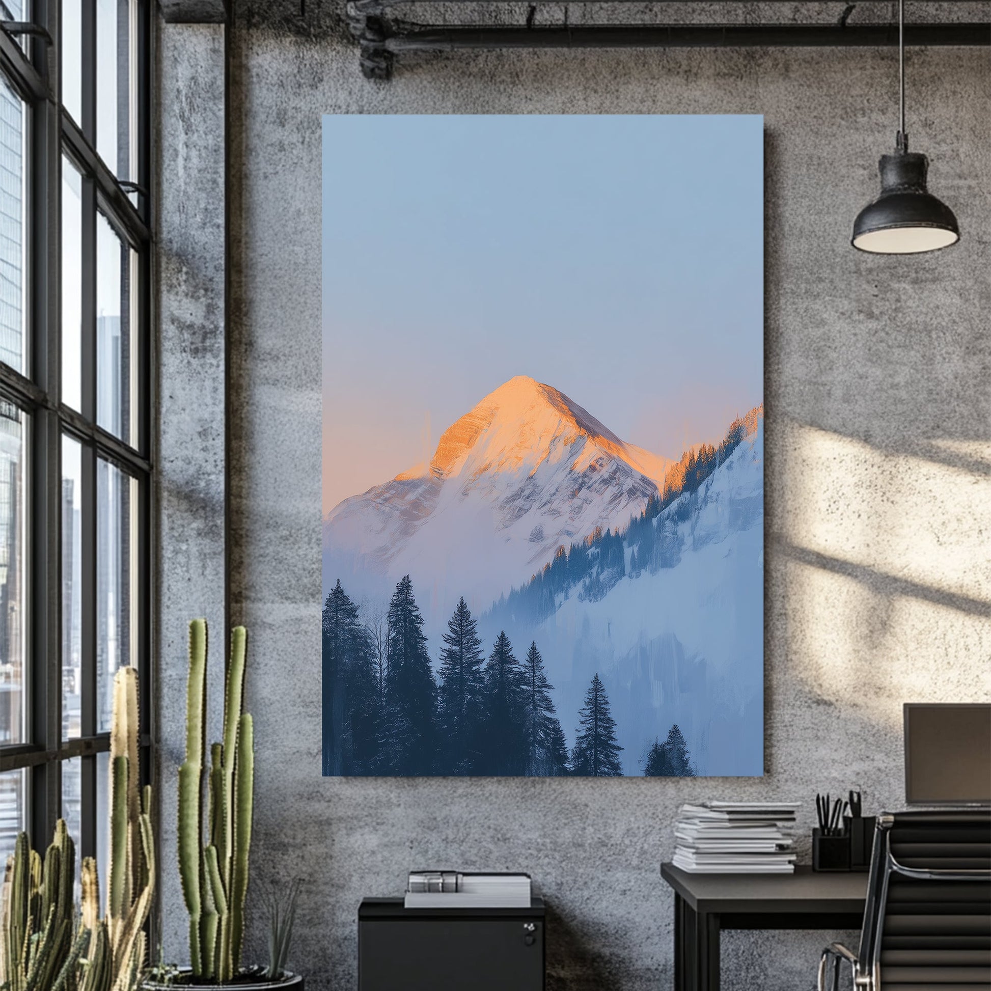 snow-covered mountain at sunrise wall art with pine trees